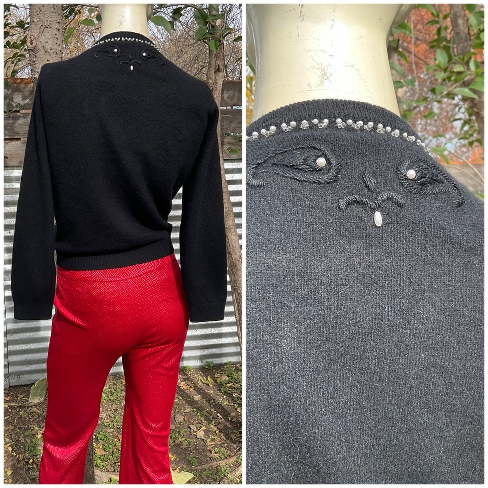 VTG Black Beaded Embroidered Angora Cardigan Sweater Small - Picture 3 of 6